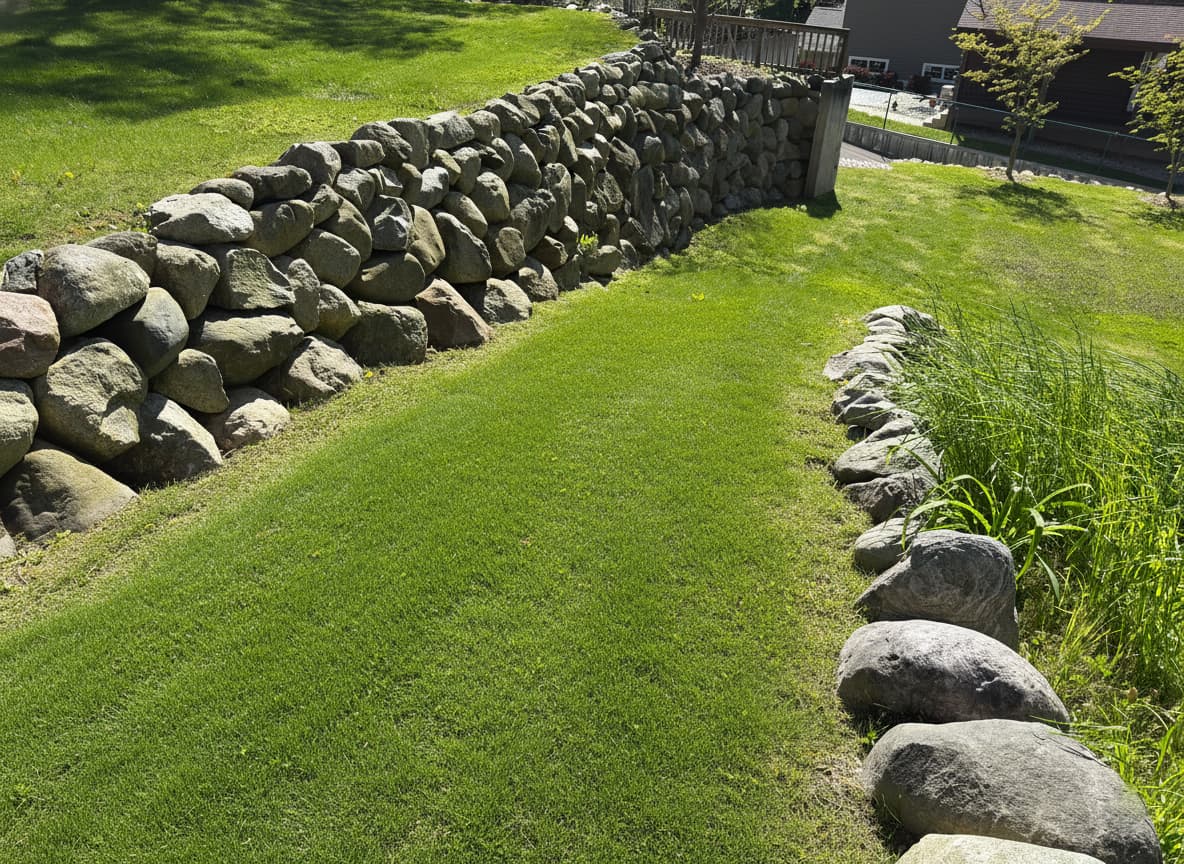 Manicured lawn bordered by natural fieldstone retaining walls, Southwest Michigan